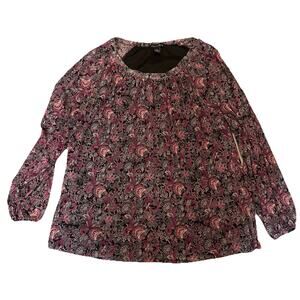 A Love Story Knit Top Women 2X Pullover Sheer Long Sleeve Purple Floral Print